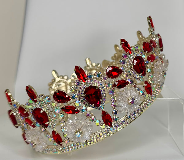 Gold Tiara/ Crown with red and iridescent stones with clear crystals