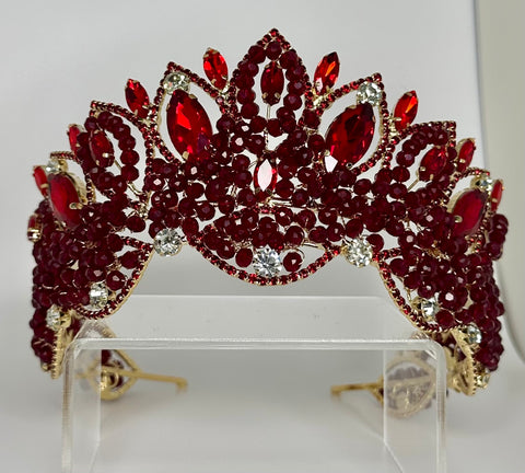 Gold tiara/crown with red and dark red/burgundy stones and crystals