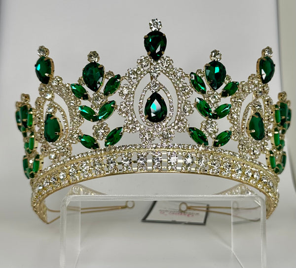 Gold crown/ tiara with Emerald green and clear stones