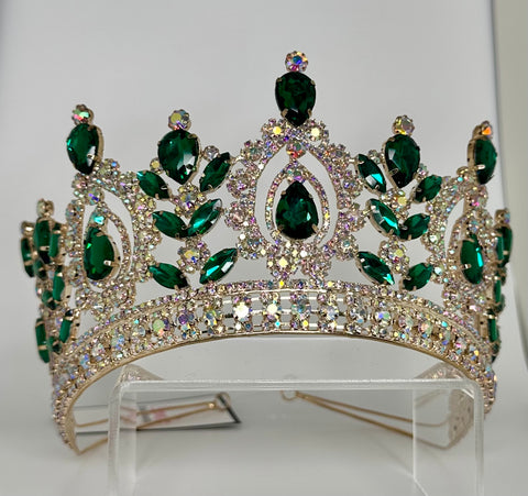 Gold crown/ tiara with Emerald green and iridescent stones