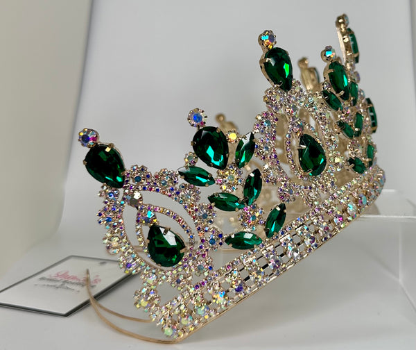 Gold crown/ tiara with Emerald green and iridescent stones