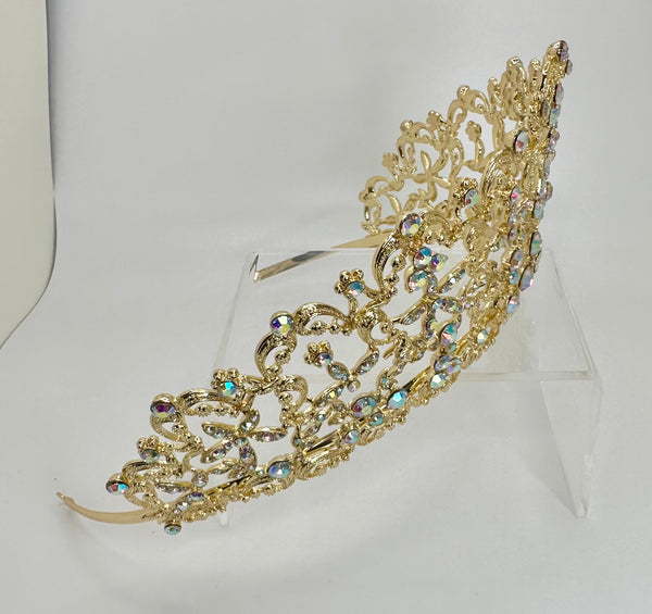 Gold colored Tiara/ Crown with iridescent rhinestones