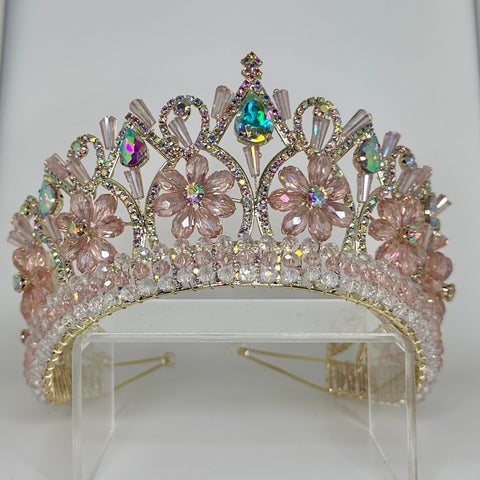 Gold crown/ tiara with pink crystals  and iridescent stones