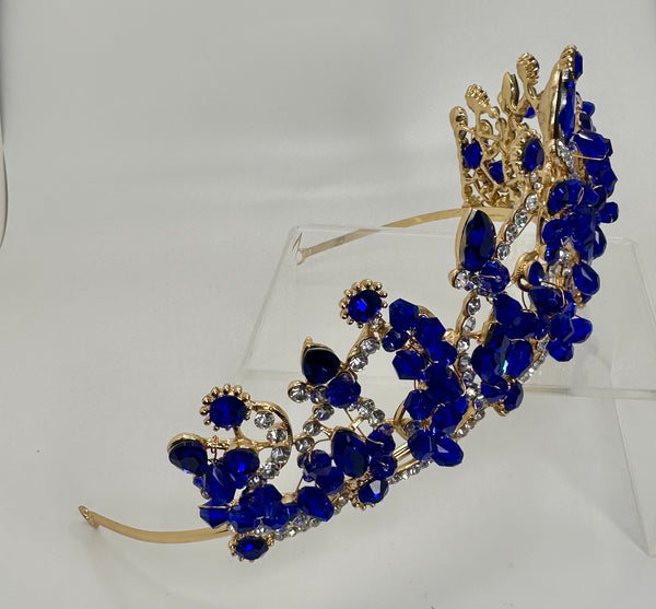 Gold Tiara/ Crown with Royal blue rhinestones and crystals