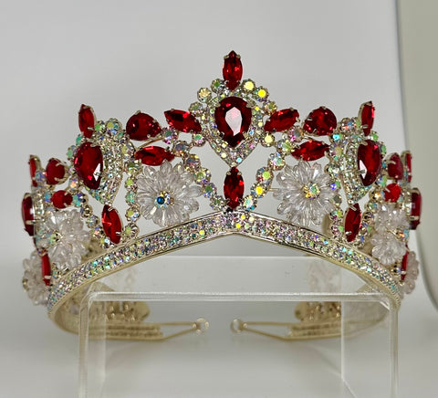 Gold Tiara/ Crown with red and iridescent stones with clear crystals