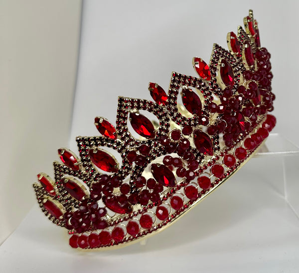 Gold tiara/crown with red and dark red/burgundy stones and crystals