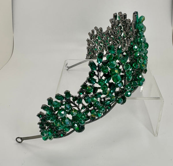 Gunmetal colored Tiara/Crown with Emerald and Dark Green stones and crystals