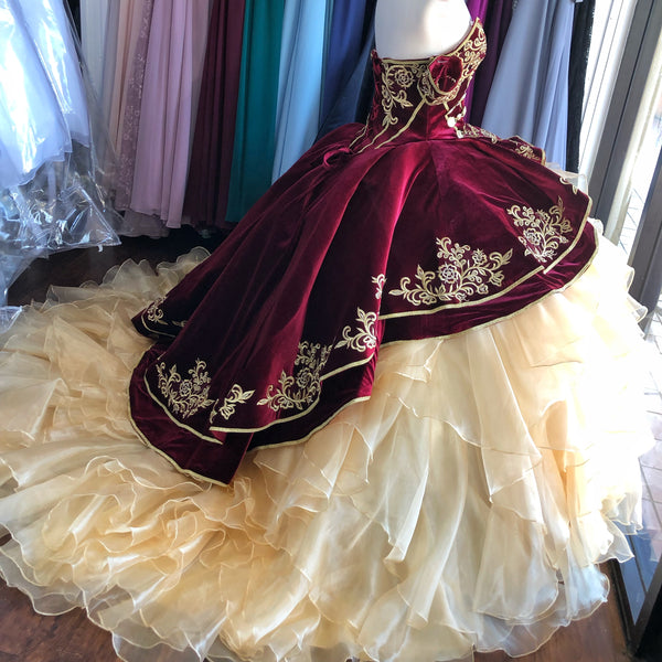 Mary’s Bridal Charro Dress MQ3037 in Burgundy/gold size 6