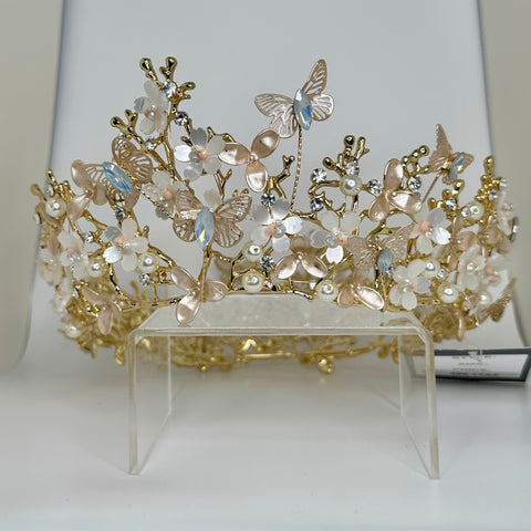 Gold Crown with butterflies, pearls and light blue stones