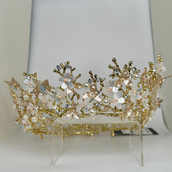 Gold Crown with butterflies, pearls and light blue stones