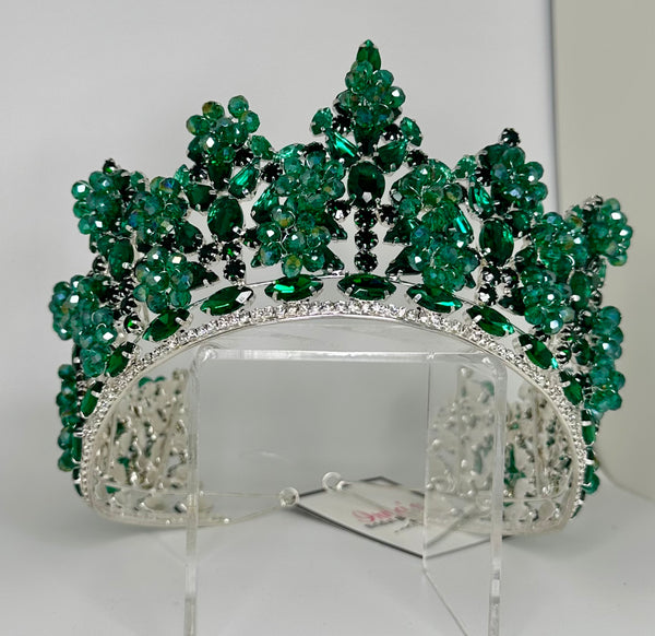 Silver crown/tiara with green crystals and stones