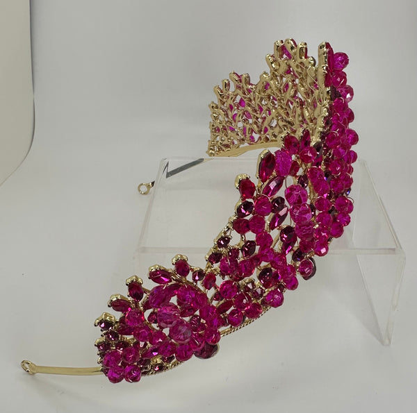 Gold colored Tiara/Crown with Fuchsia colored crystals and stones