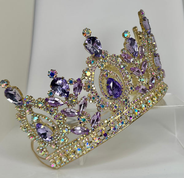 Gold crown/ tiara with lilac, lavender and iridescent stones