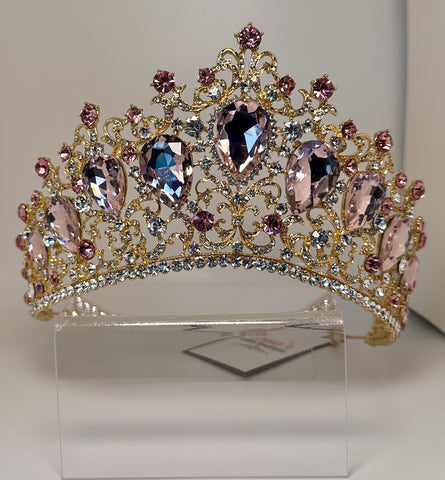 Tall Gold Tiara/ Crown with Pink stones