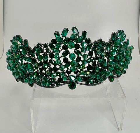 Gunmetal colored Tiara/Crown with Emerald and Dark Green stones and crystals