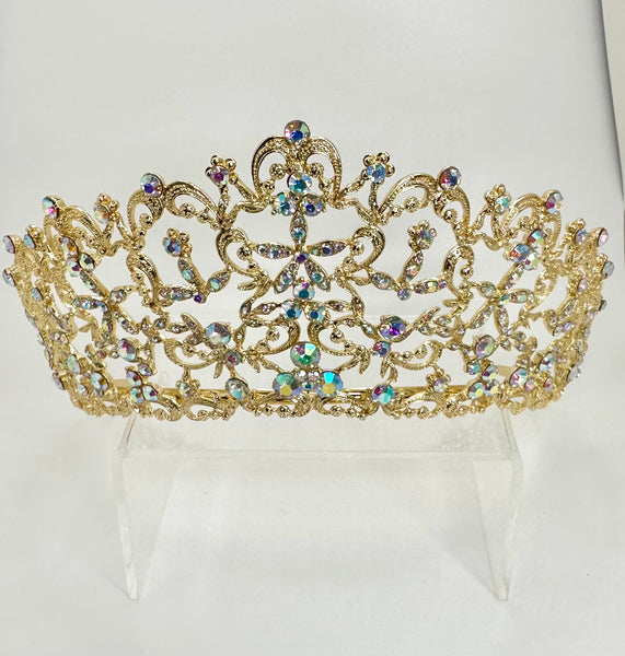 Gold colored Tiara/ Crown with iridescent rhinestones