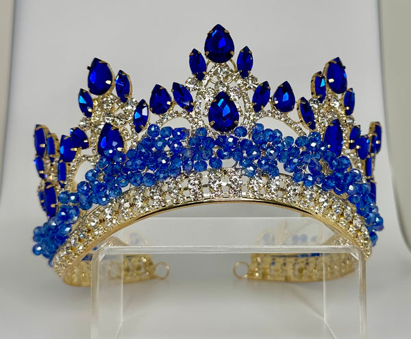 Gold crown/ tiara with Royal blue crystals and stones