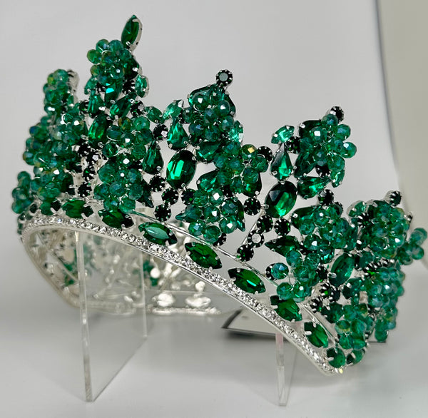 Silver crown/tiara with green crystals and stones