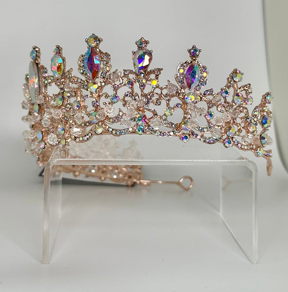 Rosegold colored tiara with iridescent stones