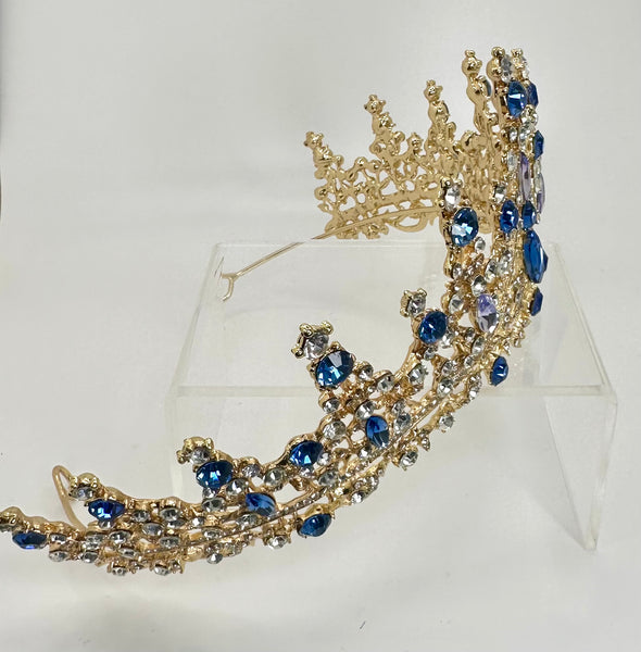 Gold Tiara/ crown with blue and light blue gems