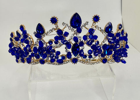 Gold Tiara/ Crown with Royal blue rhinestones and crystals