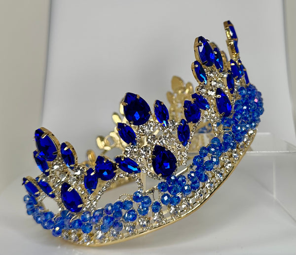 Gold crown/ tiara with Royal blue crystals and stones