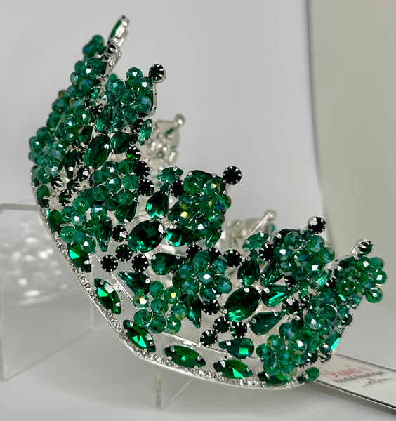 Silver crown/tiara with green crystals and stones