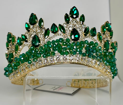 Gold crown/tiara with emerald green stones and crystals