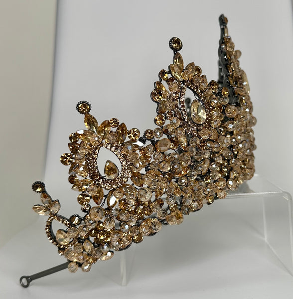 Gunmetal colored tiara/ crown with Champagne gold crystals and stones