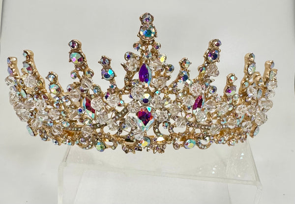 Gold Tiara with iridescent stones and crystals