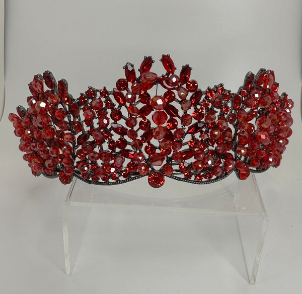 Gunmetal colored Tiara with Red stones and crystals