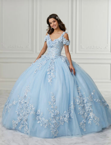 Off the shoulder Quinceañera dress in light blue with 3D flowers