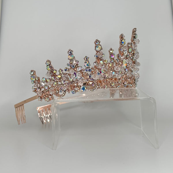 Rose gold tiara with iridescent stones and clear crystals